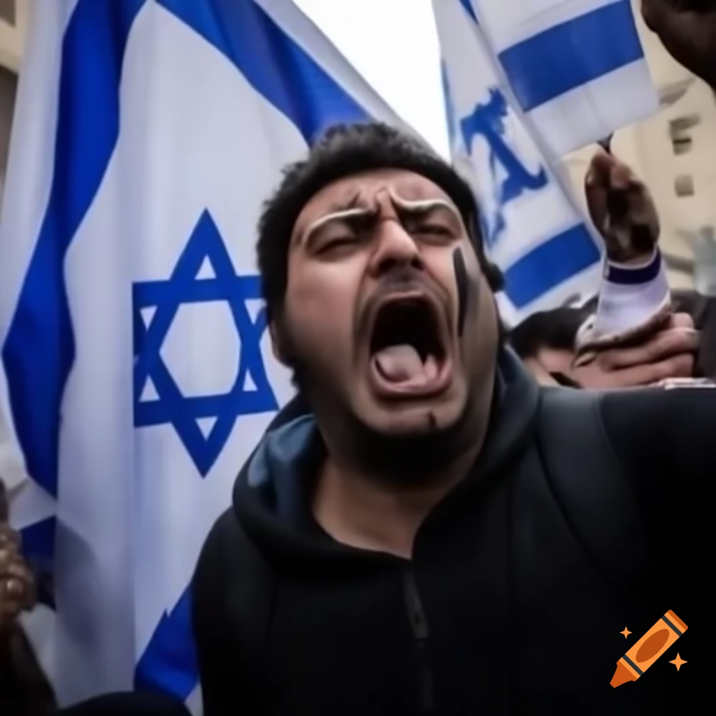 Angry protester with Israeli flag yelling at camera
