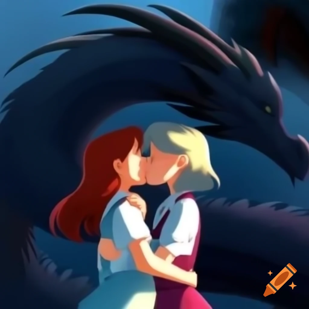 Two anime women sharing a kiss in front of a dragon