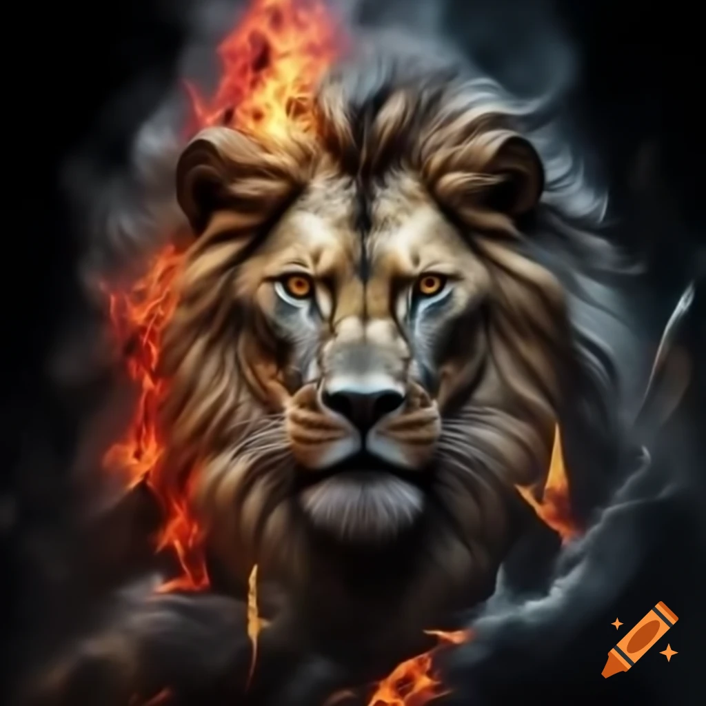 Stylized lion in gold, black, and red with fire and the words FORTIS, VOLUNTAS, & FRATERNITAS