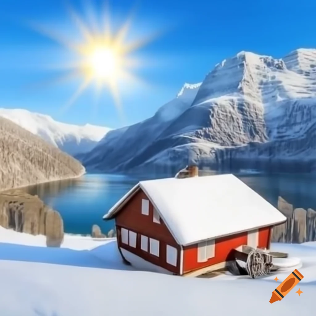 Orange house on flamingo legs over green volcanic crater lake with colorful snowflakes falling at sunset