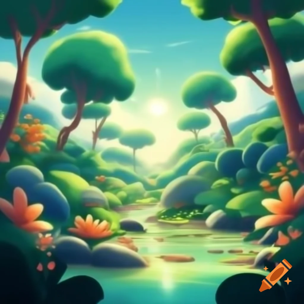Vibrant paradise with trees, colorful flowers, and sparkling streams in Pixar style