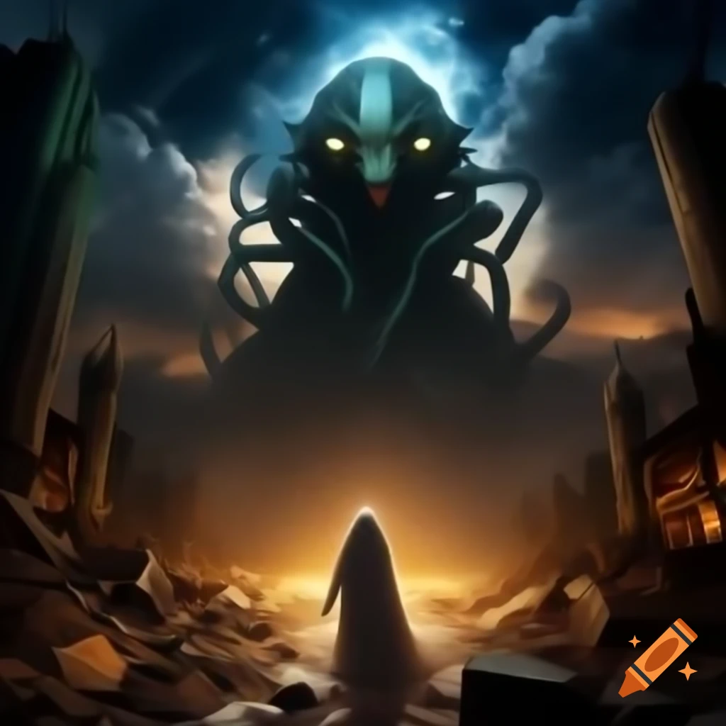 Surreal cosmic dream war aftermath with ruins and aliens