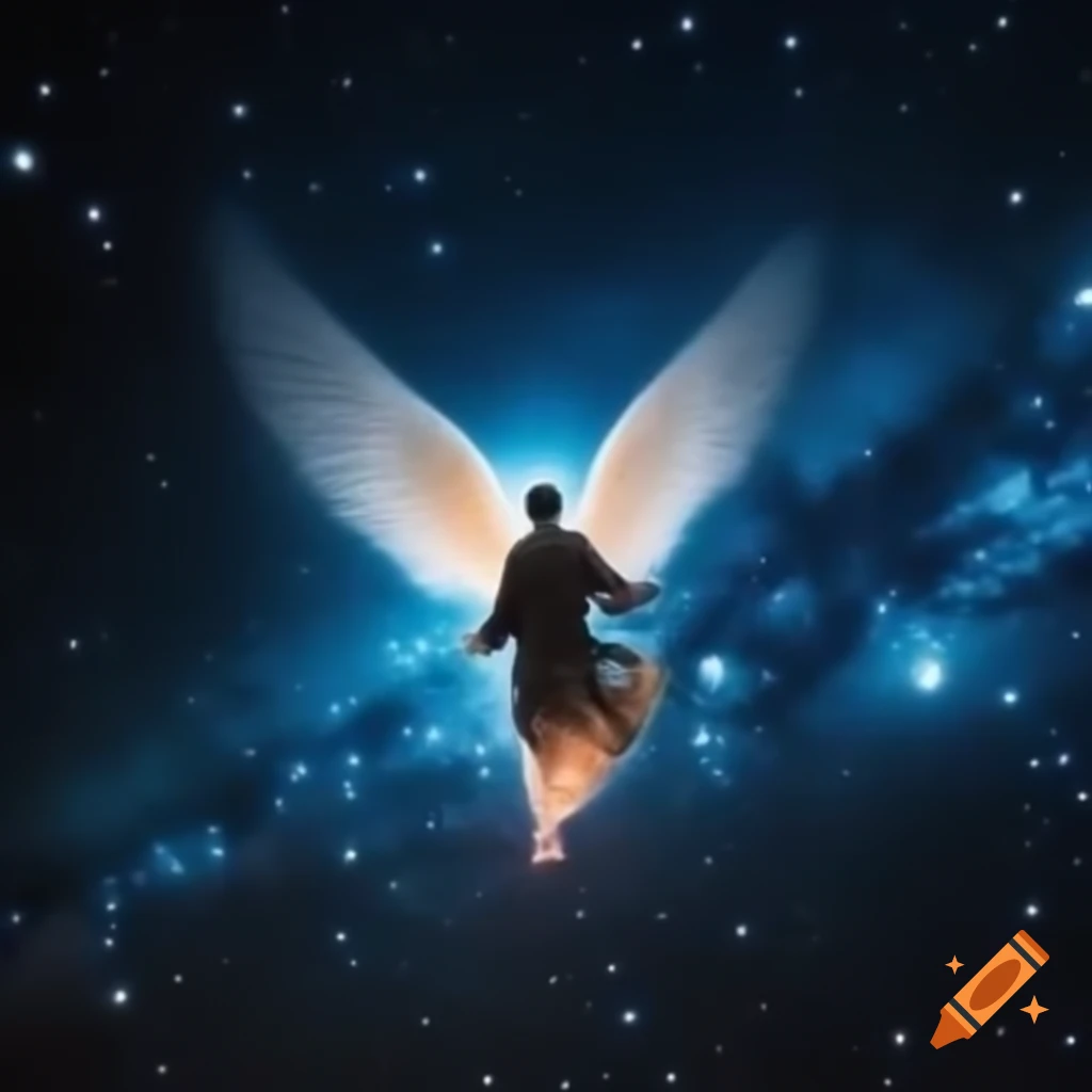 Angel flying in starry sky illuminated with light