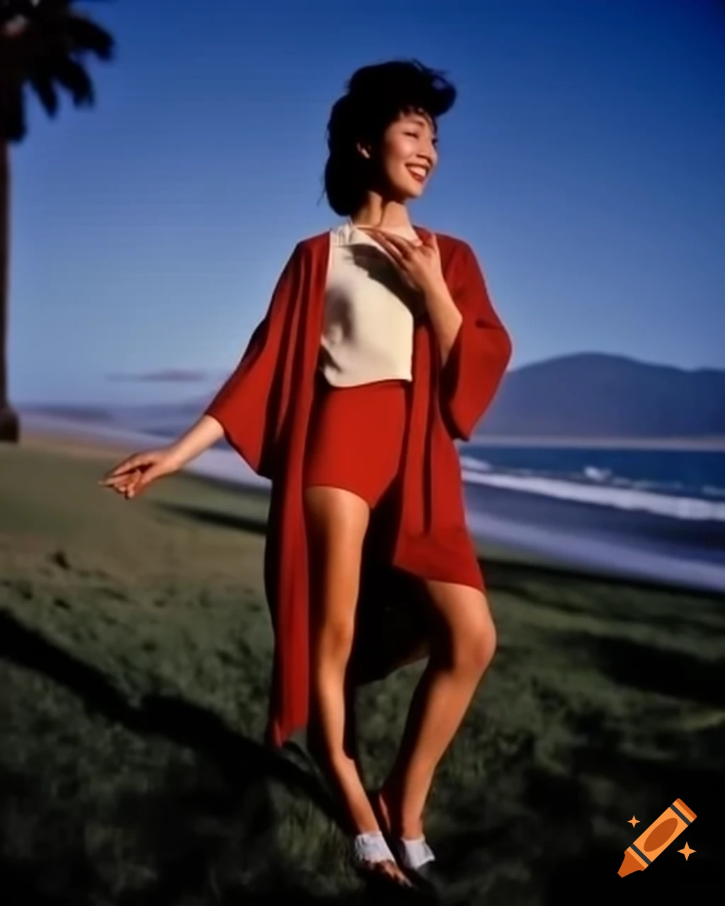 Japanese idol actress in 1980 city pop clothes making peace sign on palm beach
