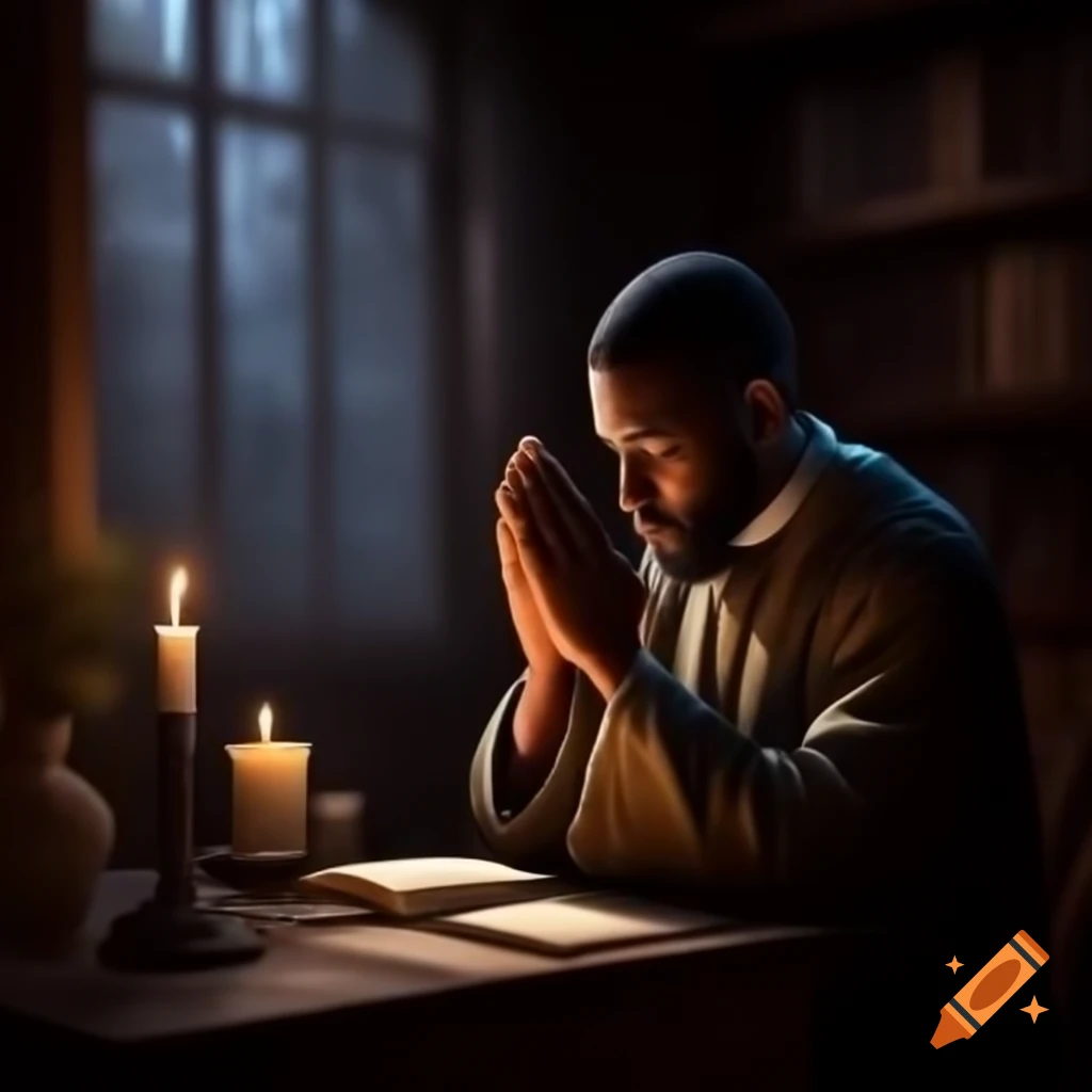 Black man praying at a candlelit table, realistic style for book cover