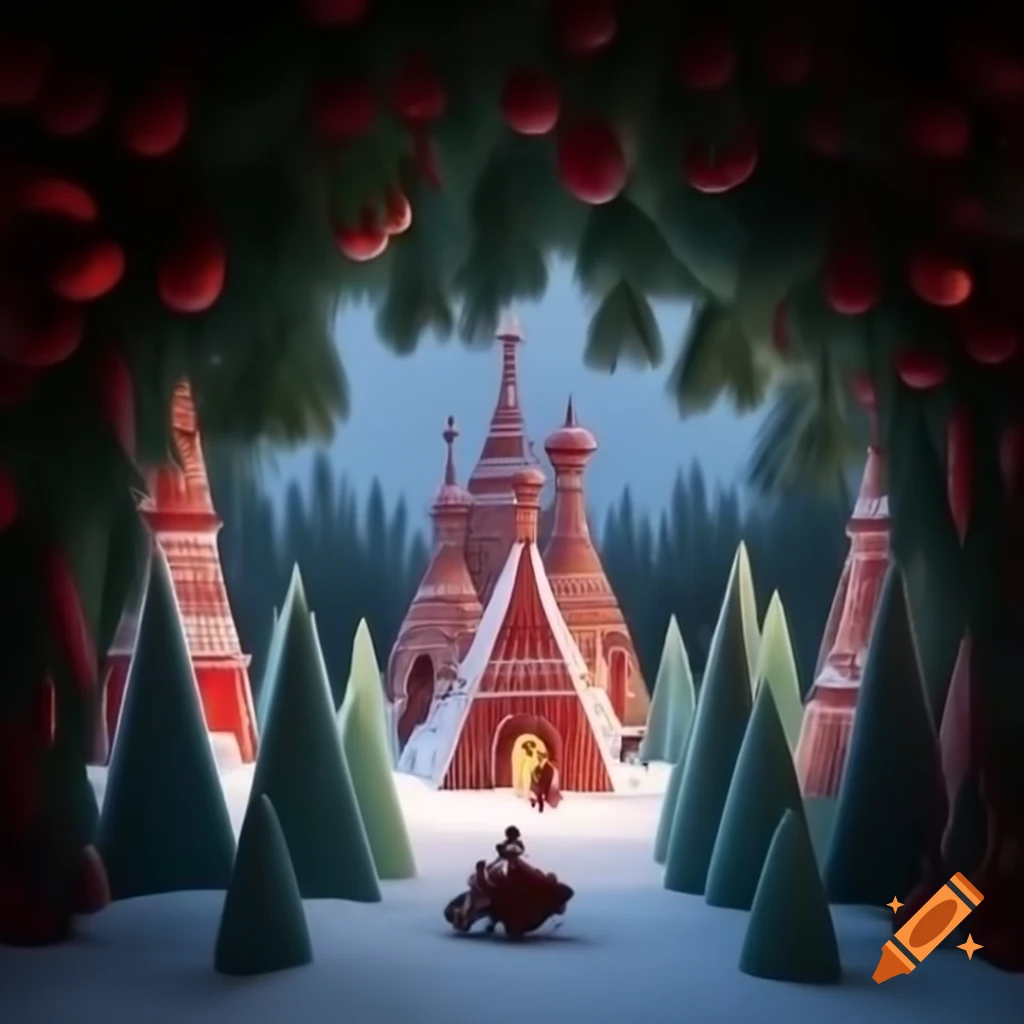3D illustration of Christmas forest scene with Native Salish and Russian fairytale motifs