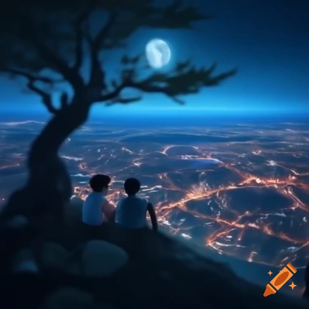 Boy and girl relaxing at mountain top, city lights view, tree beside them