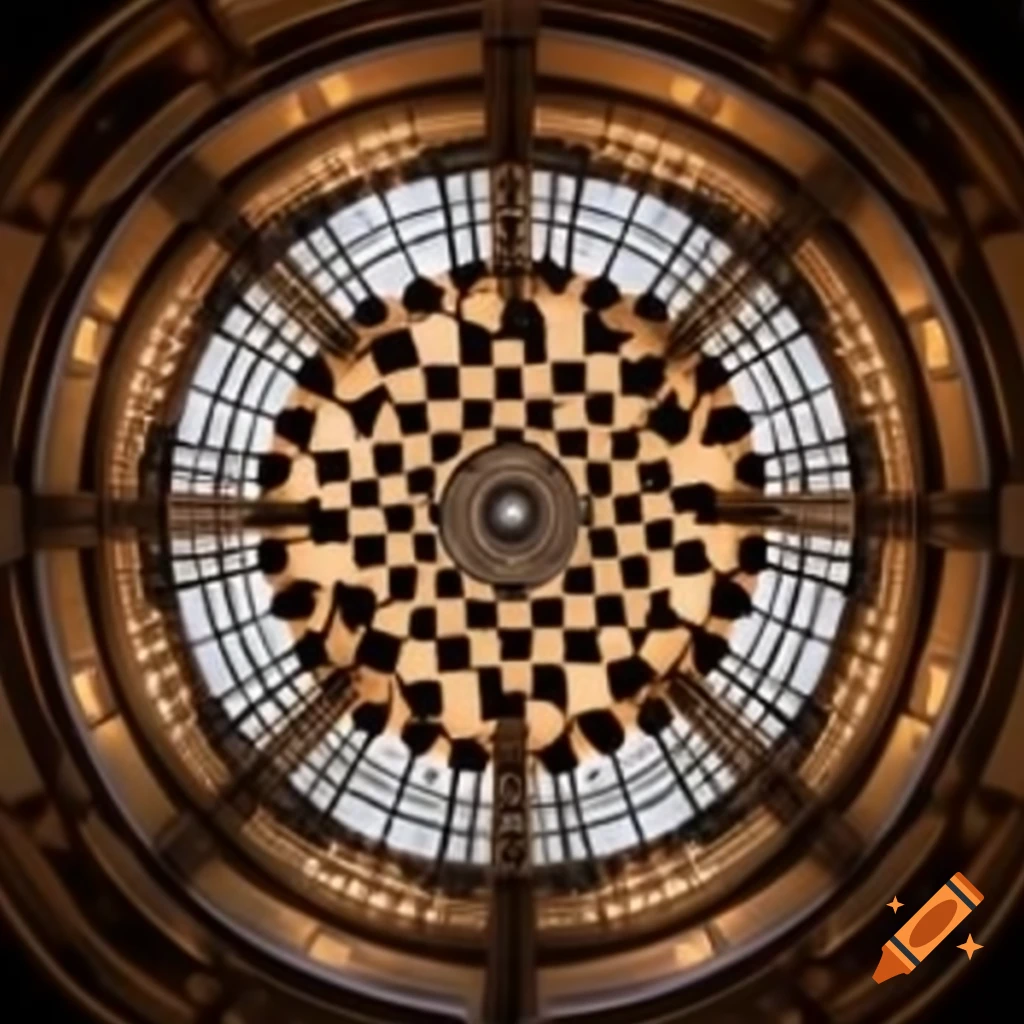 Overview of circular atrium with checkerboard floor