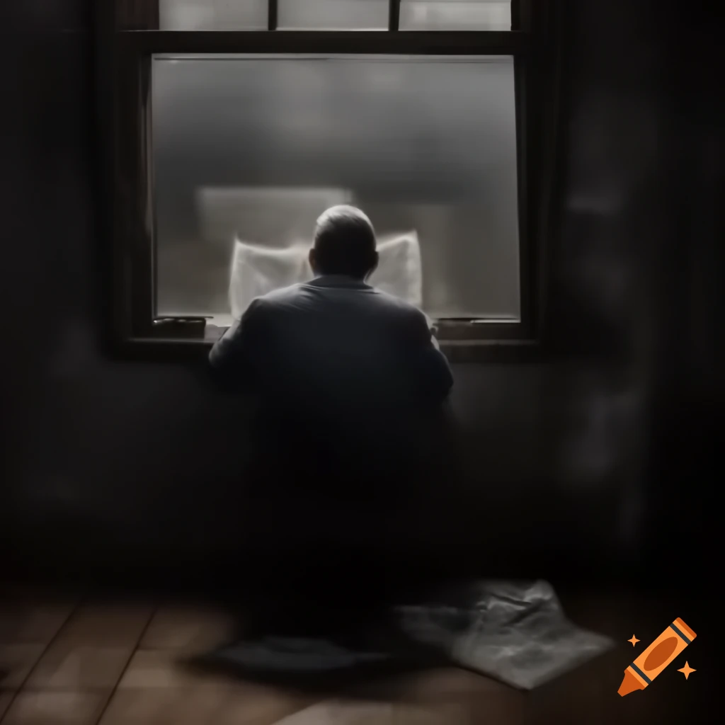 Mysterious old man reading newspaper in dimly lit rustic room