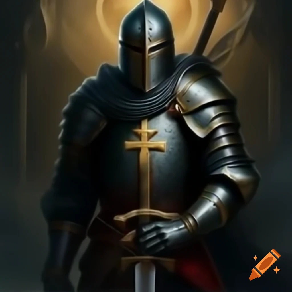 Knight in black armor with cross sigil, carrying two-handed sword