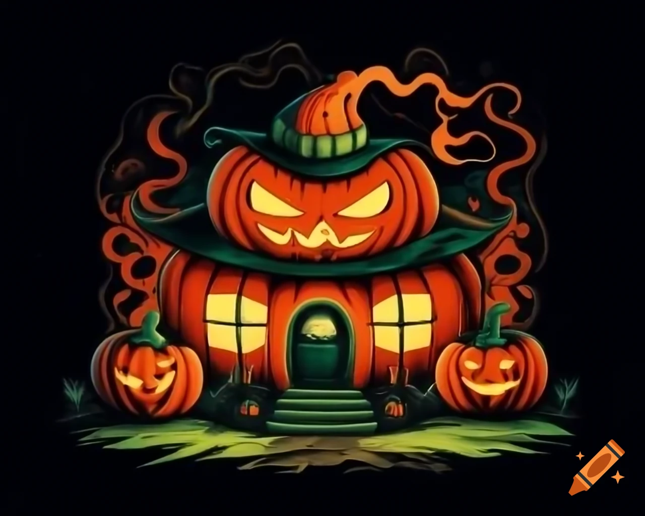 Cartoon style spooky Halloween pumpkin house in shades of orange, green, black, and gold