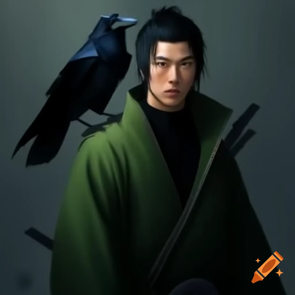 Ninja with raven on shoulder and 'Raiko' in green on black coat
