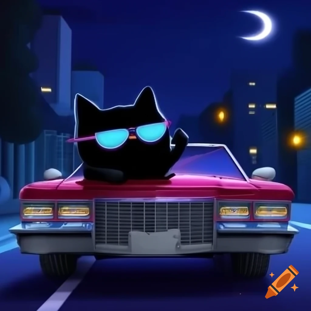 Cartoon of black cat wearing sunglasses driving Cadillac at night