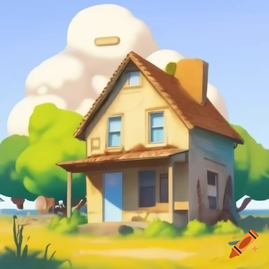 2D cartoon background with rundown house and trees