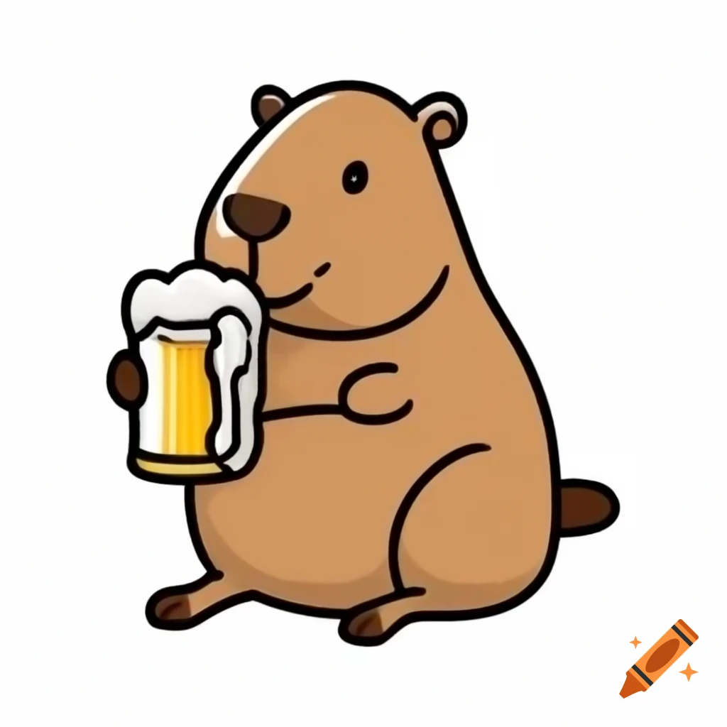 Capybara lifting dumbbell while holding a beer