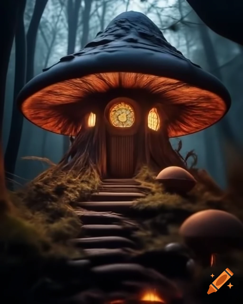 Hyper-realistic photography of a post-apocalyptic witch's mushroom house