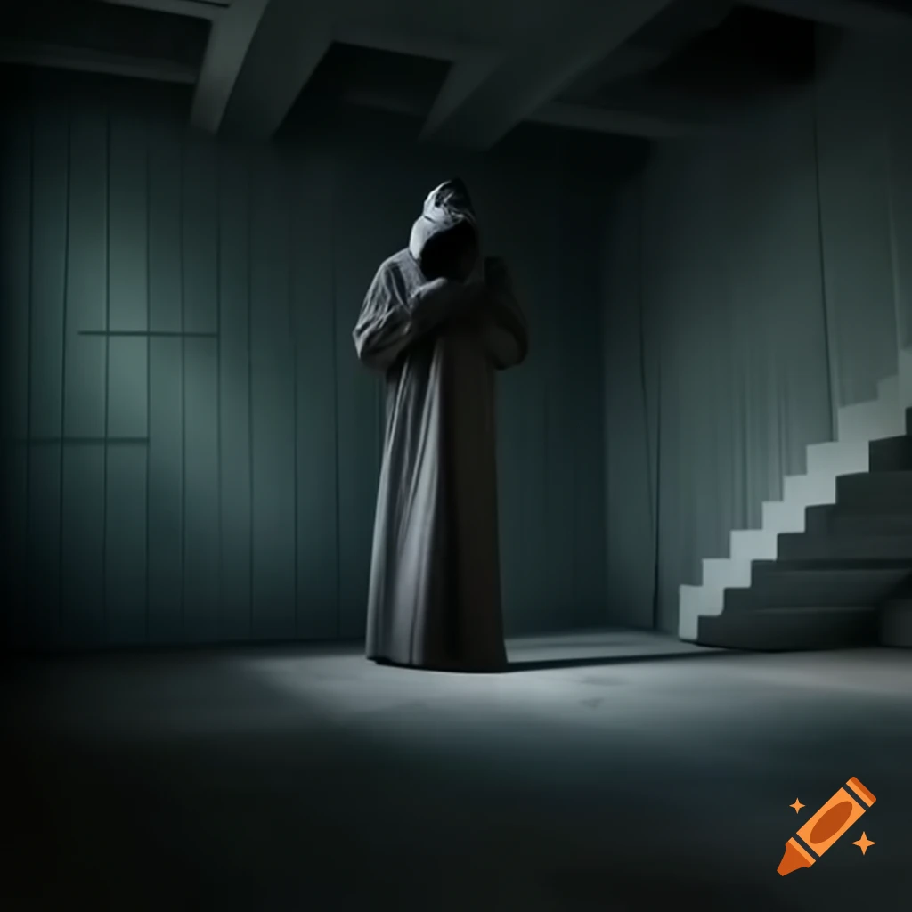 Mysterious hooded figure in brutalist interior setting