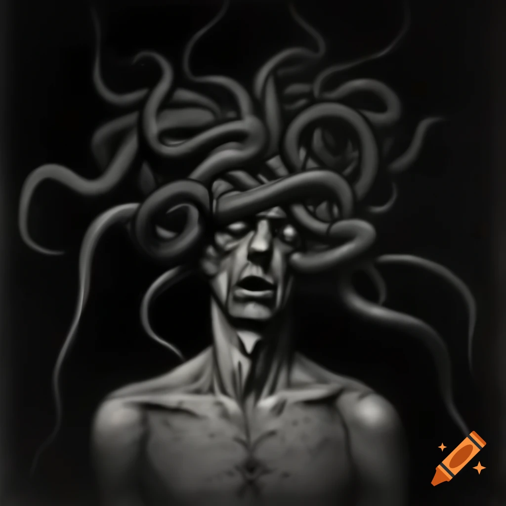 Eerie ink drawing of man with tentacle head at night, detailed style