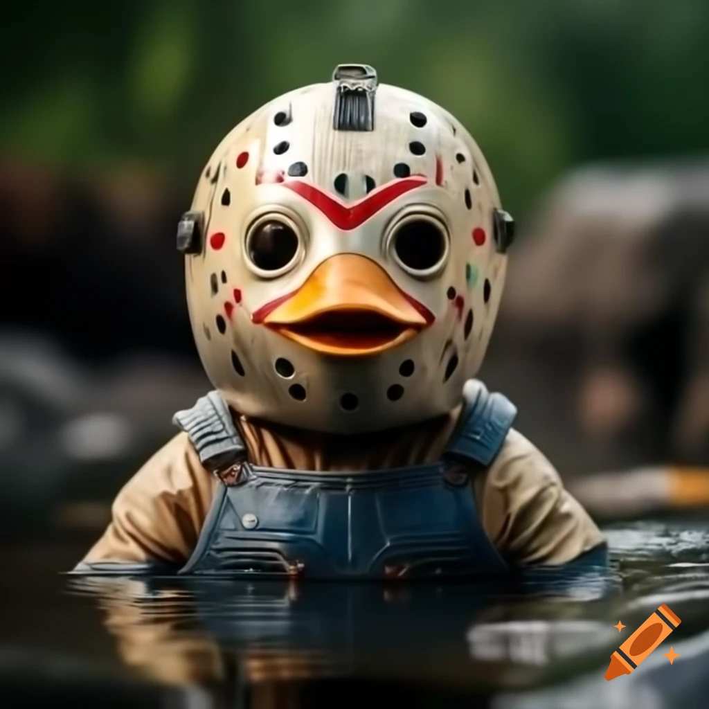 Caricature of Jason Voorhees as a rubber ducky in water wearing overalls