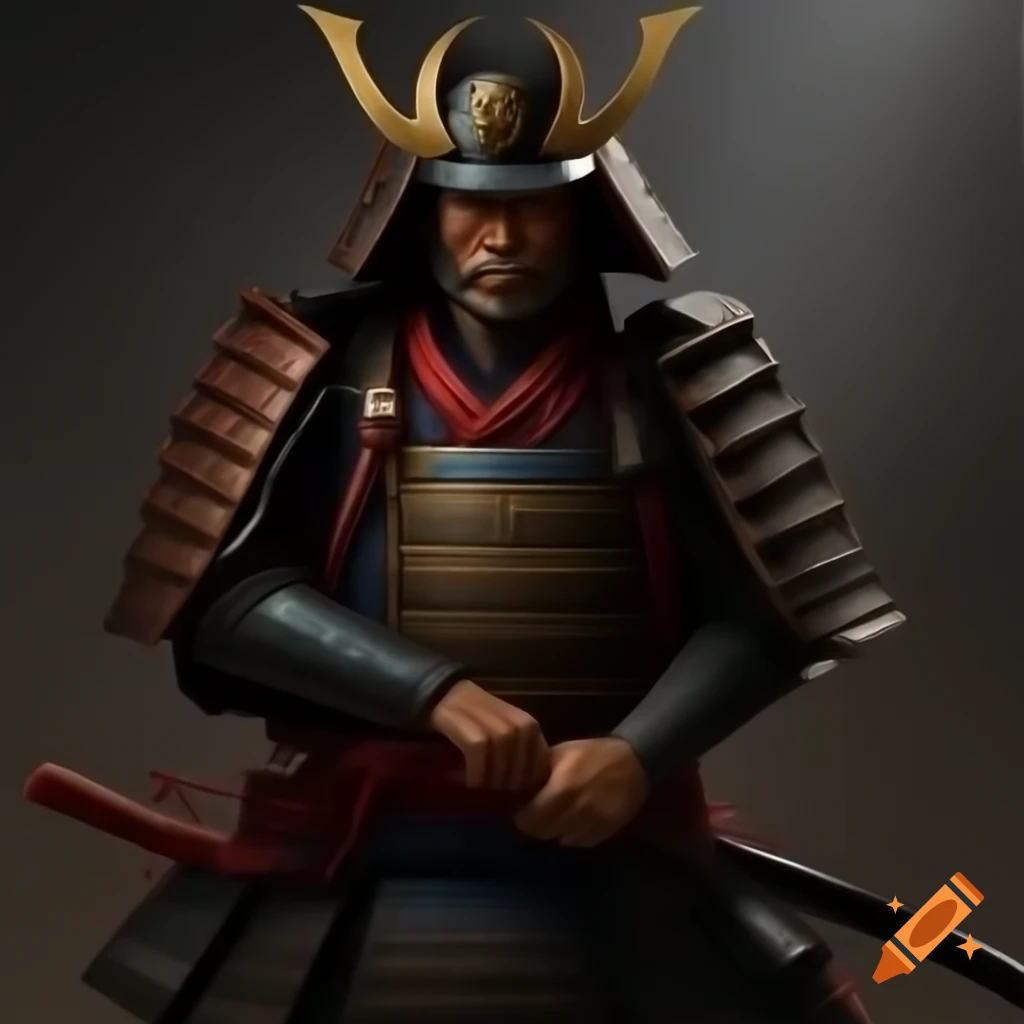 Musashi Miyamoto in traditional armor holding katana and wakizashi in battle pose