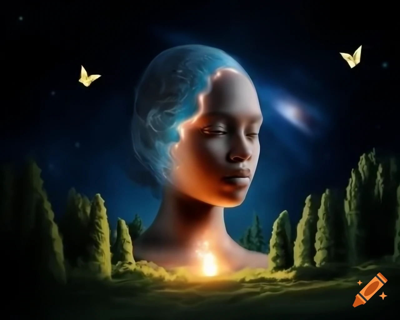 3D render of woman's face in forest with old growth trees, showcasing naturalism