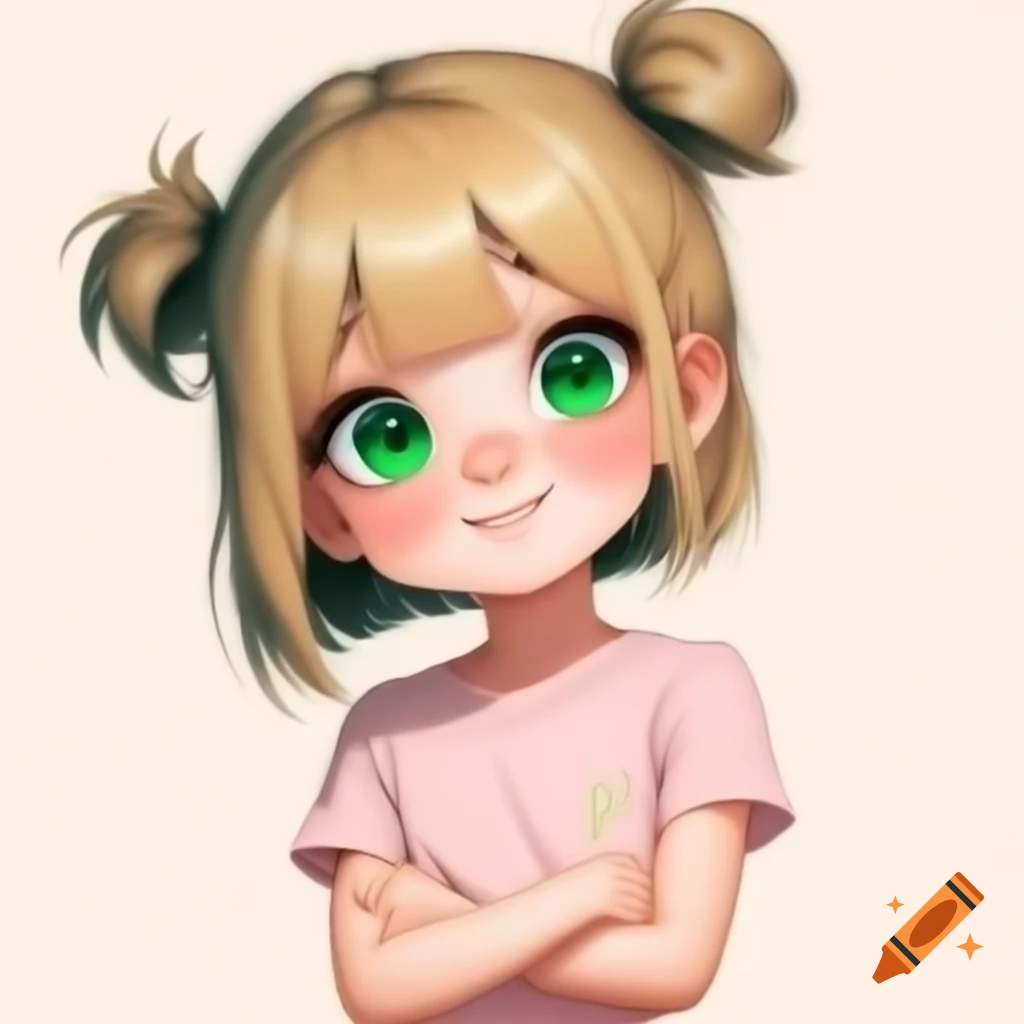 Anime-style girl with blonde hair and green eyes wearing a pink sleeveless shirt
