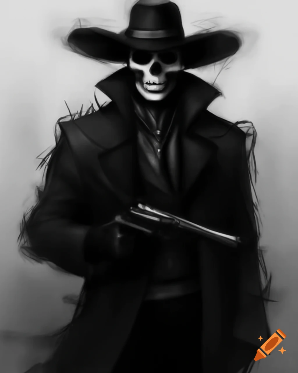 Silhouette of a gunfighter legend skull in cowboy hat and overcoat with pistol drawn, fantasy style
