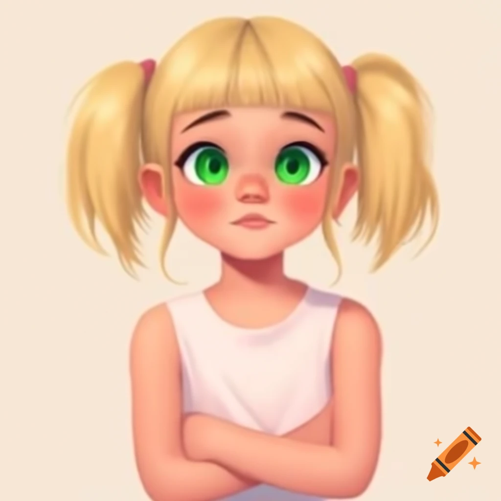 Anime girl with blonde hair and green eyes in pink sleeveless t-shirt, arms crossed