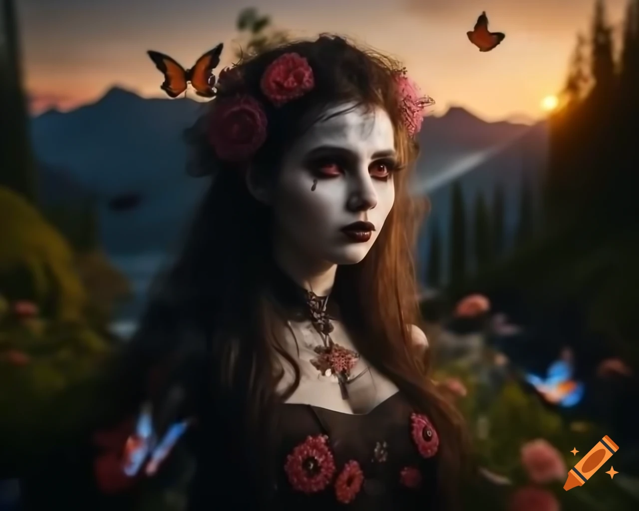 Hyperrealistic Gothic woman with flowers and butterflies in her hair and detailed makeup