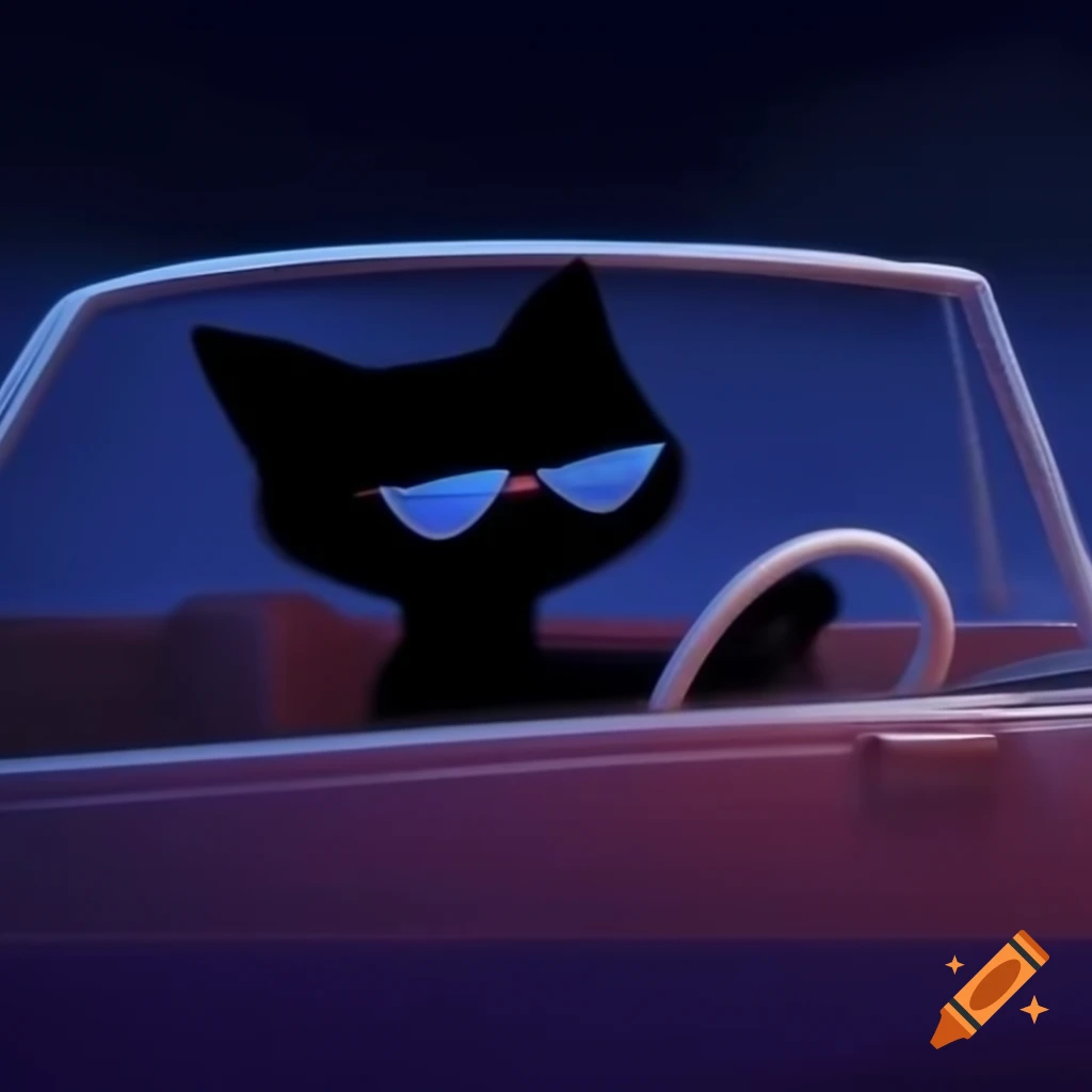 Cartoon black cat with sunglasses driving a Cadillac at night