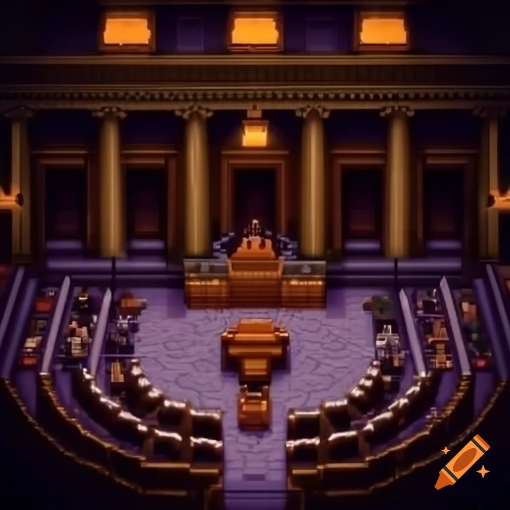 Pixel art interior of ornate parliament building with people listening to speech