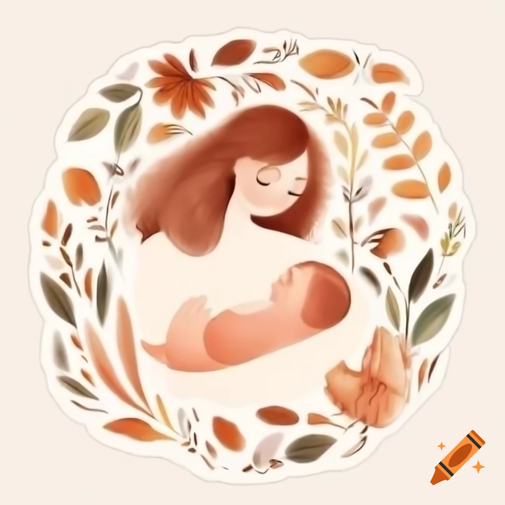 Dreamy watercolor sticker of woman with newborn in autumn