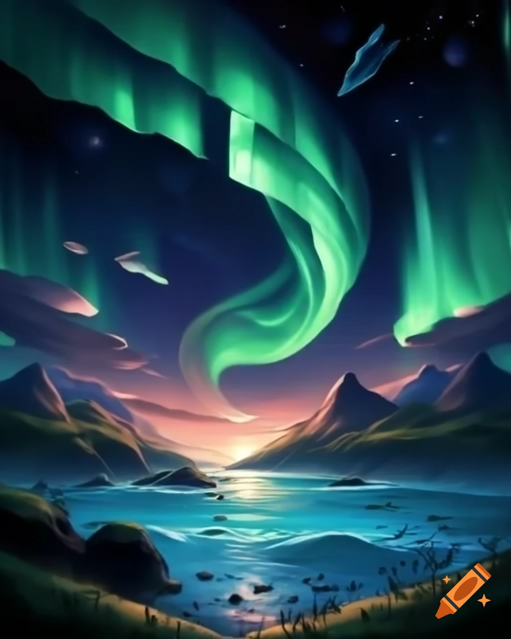 Beautiful landscape in Animal Crossing featuring Northern Lights and Galactic Sea