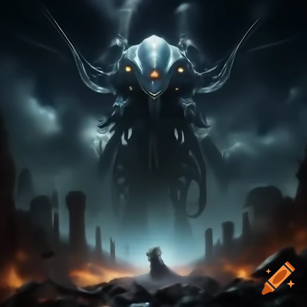 Surreal cosmic dream war aftermath with ruins and aliens