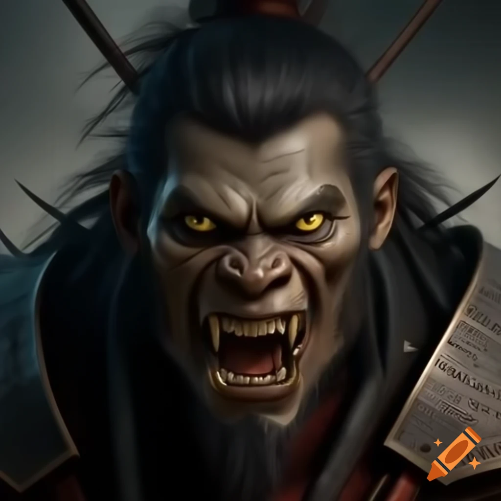 Hobgoblin male warrior in Japanese light armor with an angry expression
