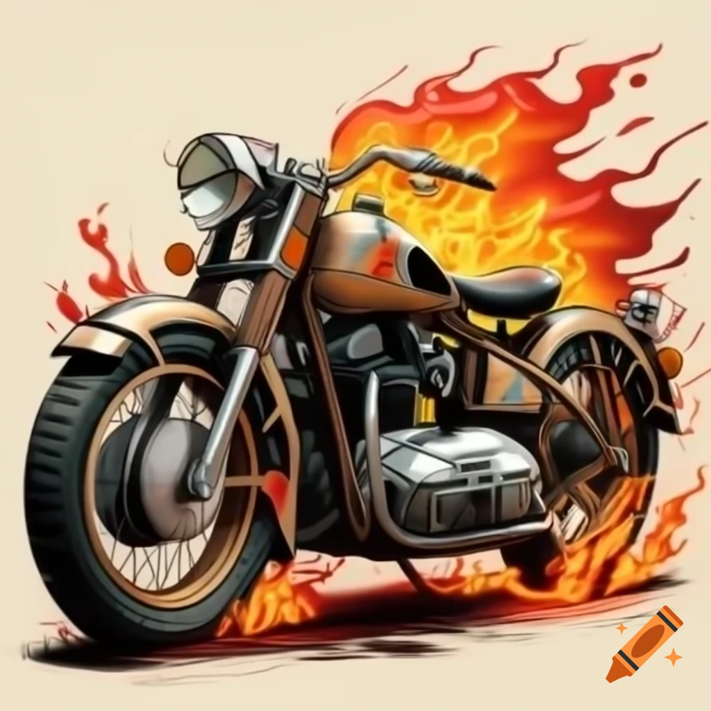 Vintage motorcycle with flames, dynamic illustration for biker t-shirt