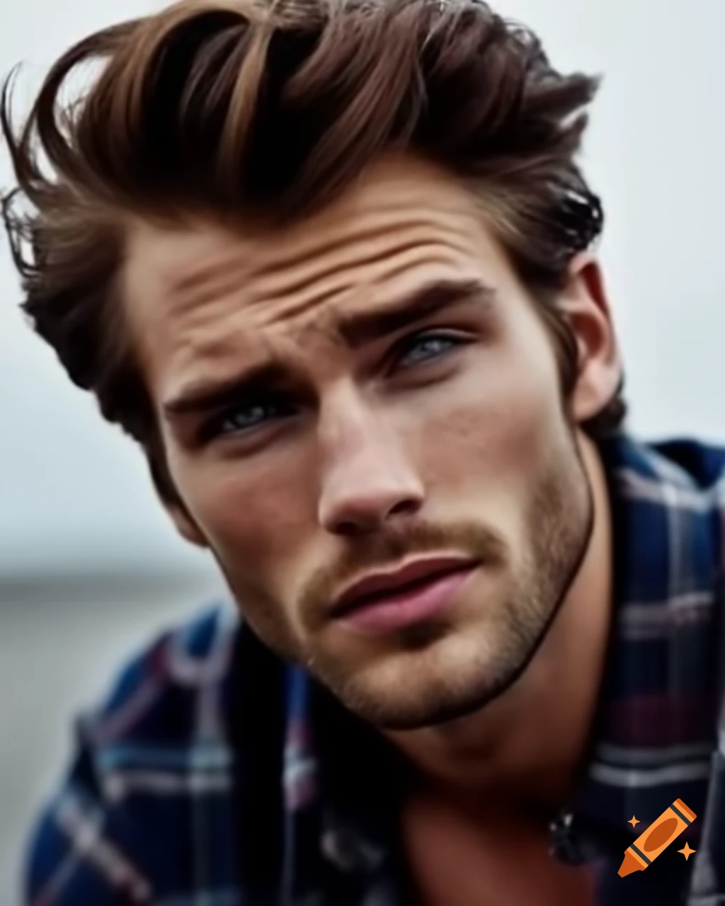 Portrait of a 40-year-old male with hazel eyes and brown hair, dressed in flannel and jeans