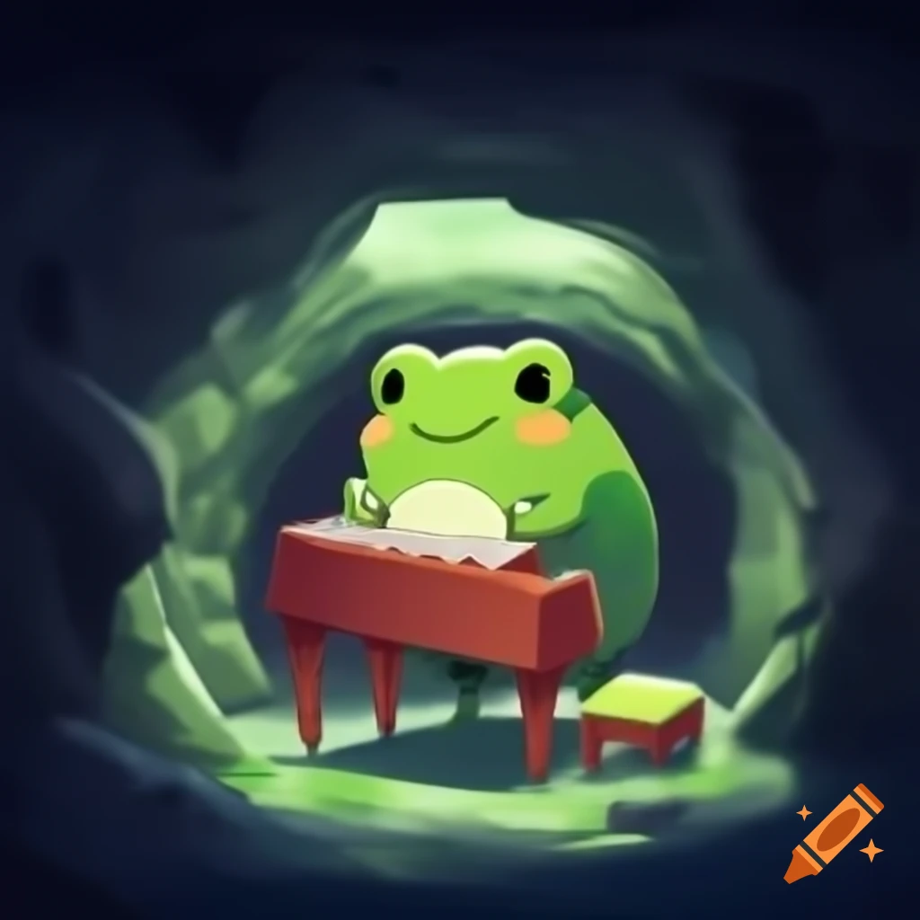 Happy frog in suit playing piano in cave, Studio Ghibli style