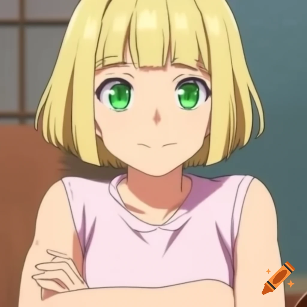 Anime girl with blonde hair and green eyes, wearing pink sleeveless t-shirt and crossed arms