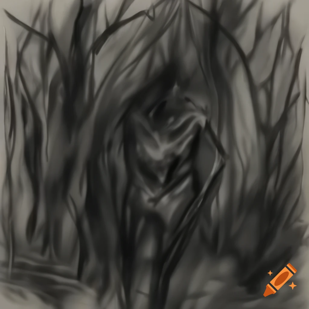 Abstract charcoal and pencil sketch of enchanted humanoid forest with emotive lighting