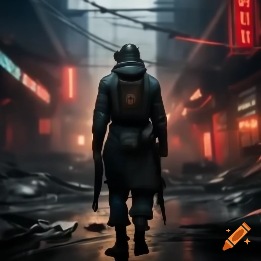 Post-apocalyptic cyberpunk scene in America featuring Chinese propaganda