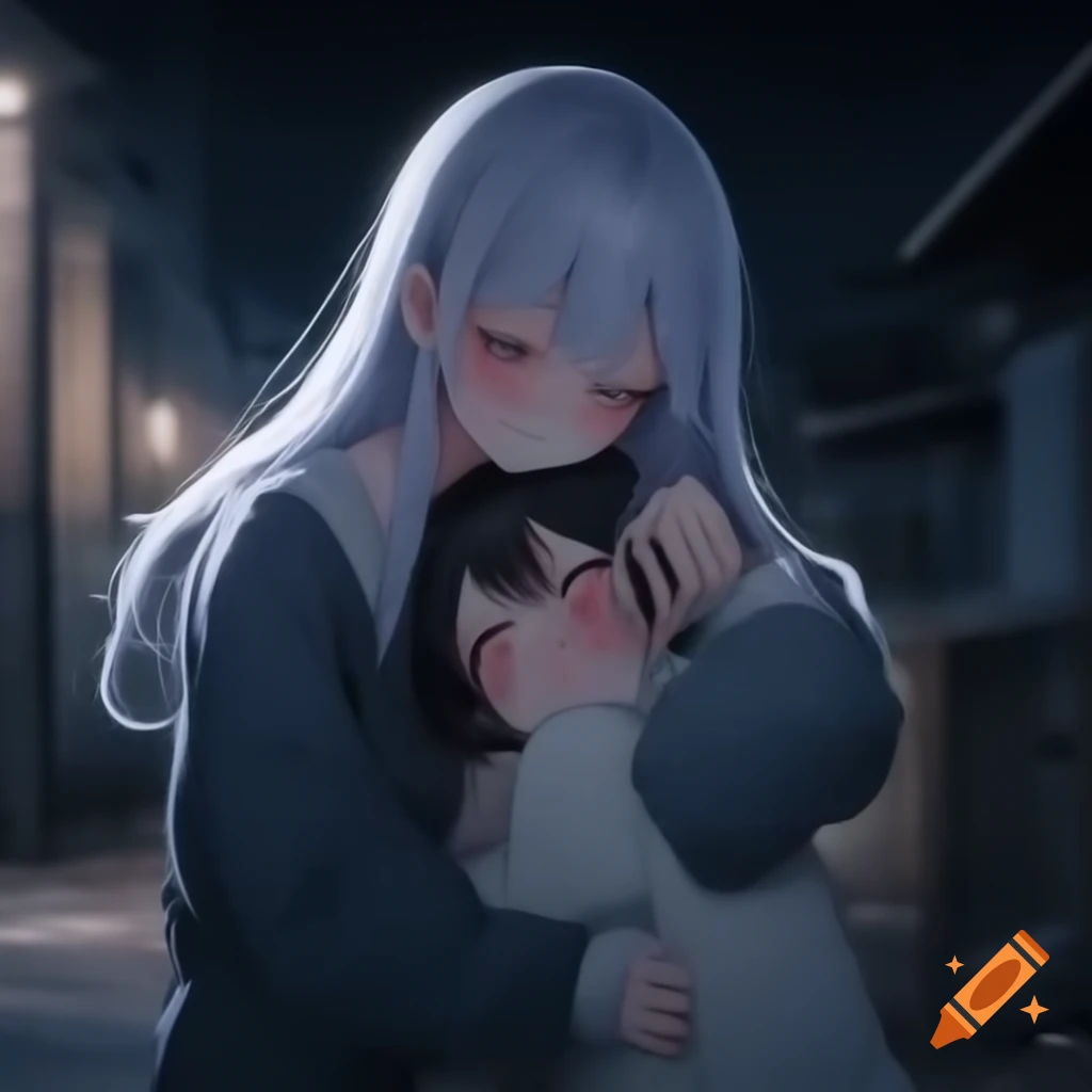 Girl with white hair sleeping in boy's arms, serene setting