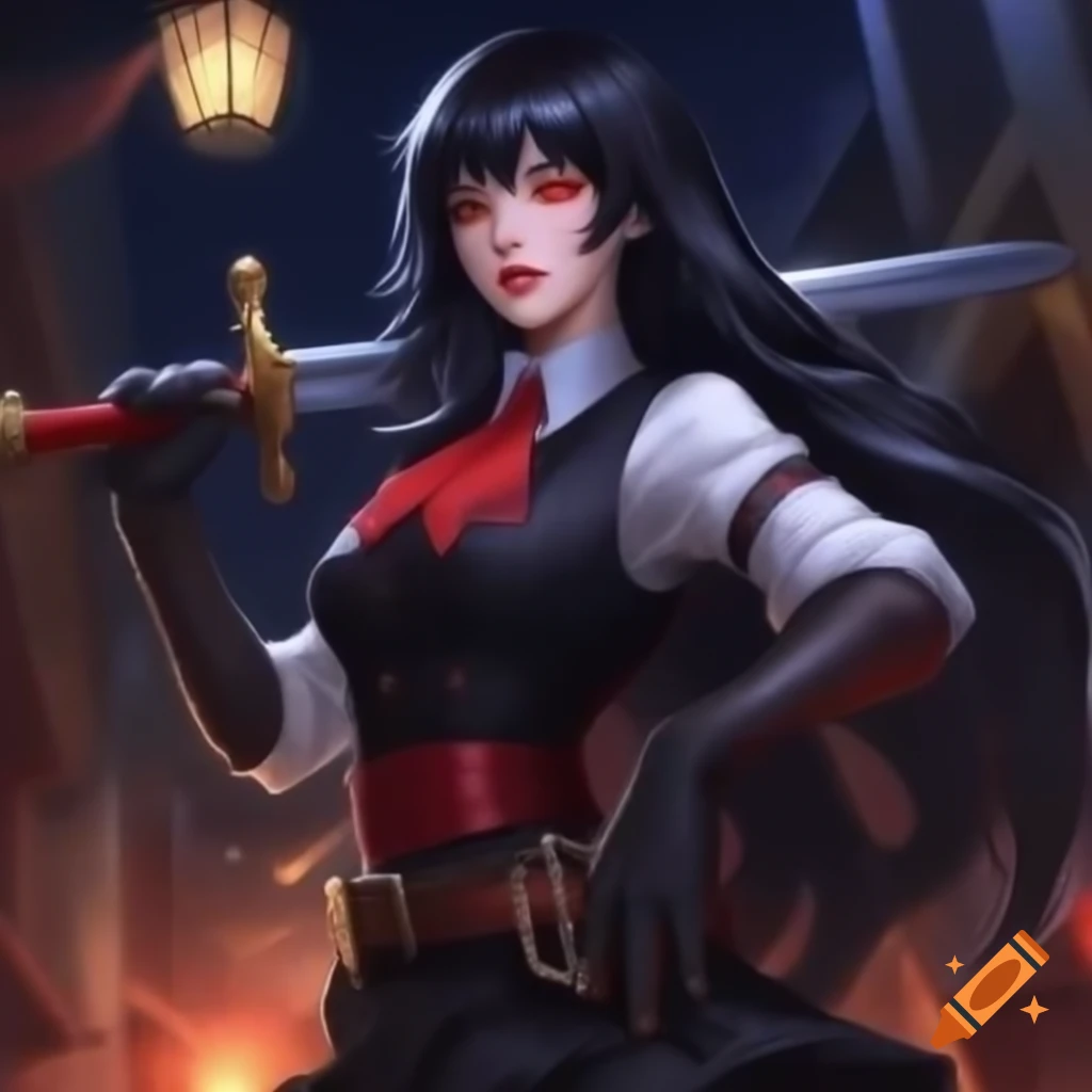 Game art style character with long black hair in formal attire and accessories
