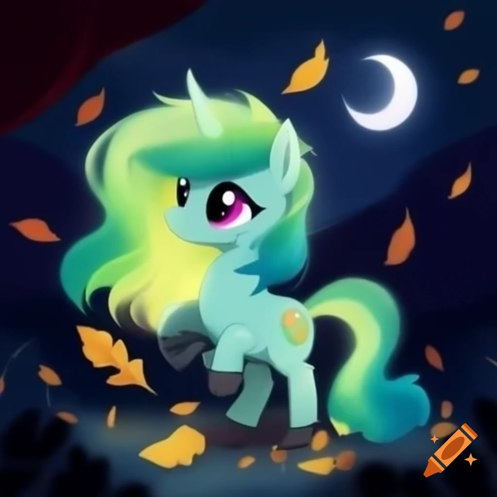 Cute green Pegasus with aurora hair watching autumn leaves under full moon