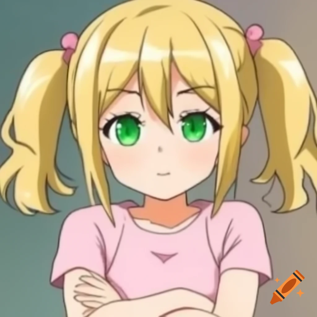 Anime girl with blonde hair and green eyes, arms crossed wearing pink t-shirt