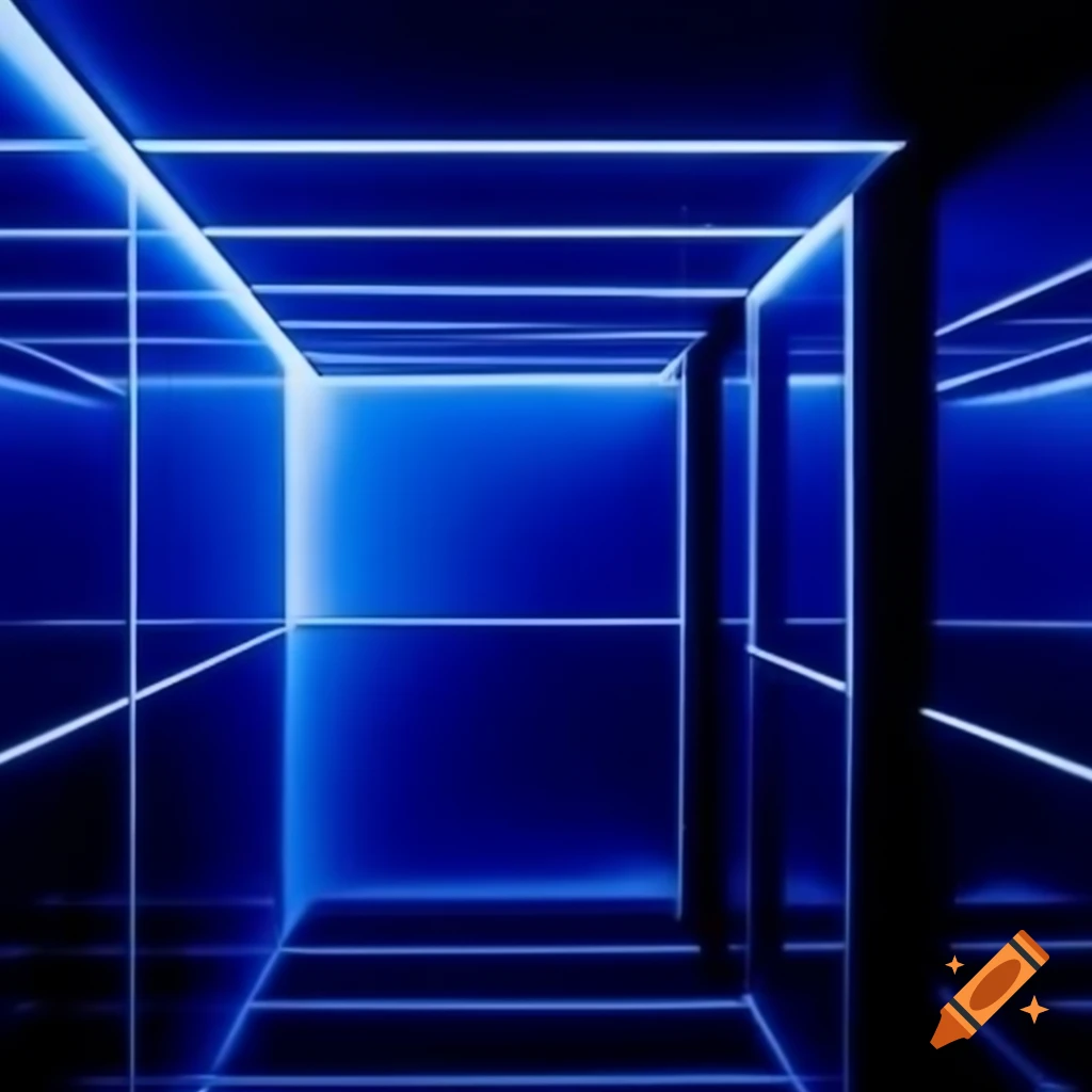 Reflective black room illuminated by vibrant blue lights