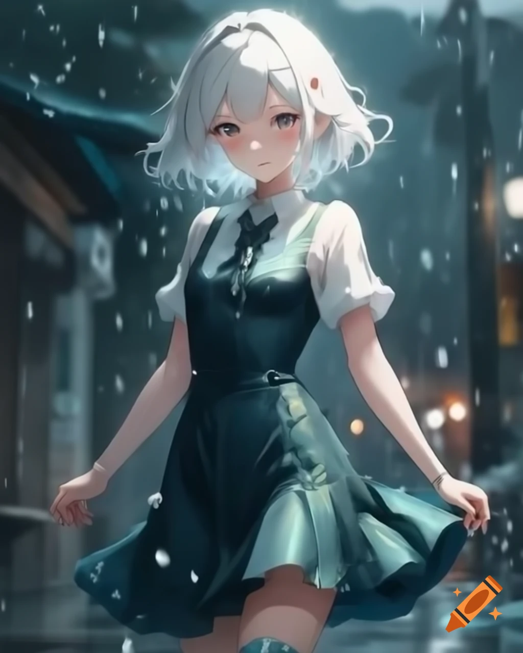 Anime character with white hair and dress on a rainy day, realistic style