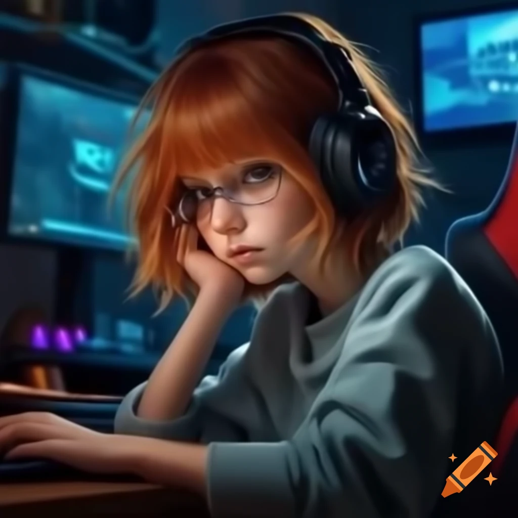 Bored French female gamer with ginger messy bob hairstyle in high-tech gaming bedroom