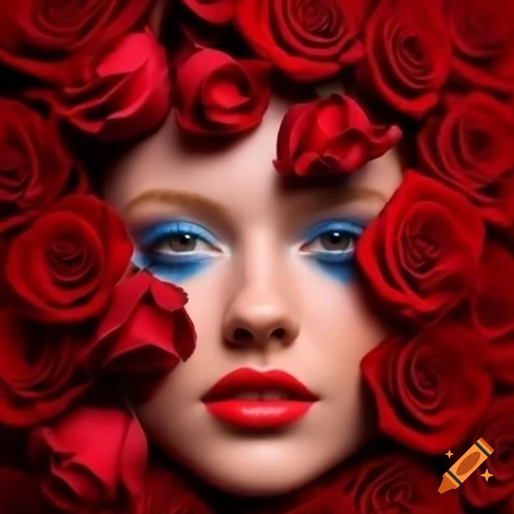 Closeup of lady with red hair and blue eyes kissing red rose