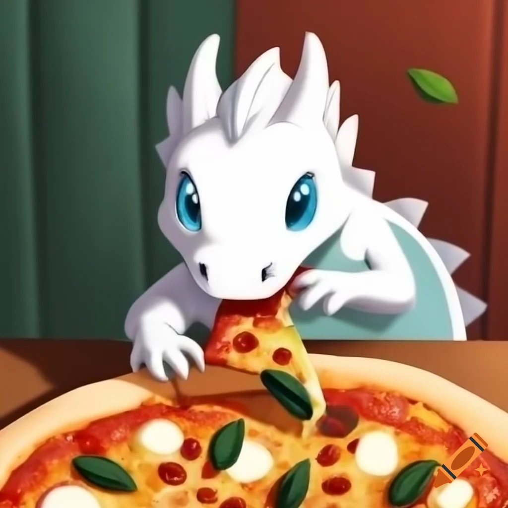 Blue-eyes white dragon enjoying a slice of pizza